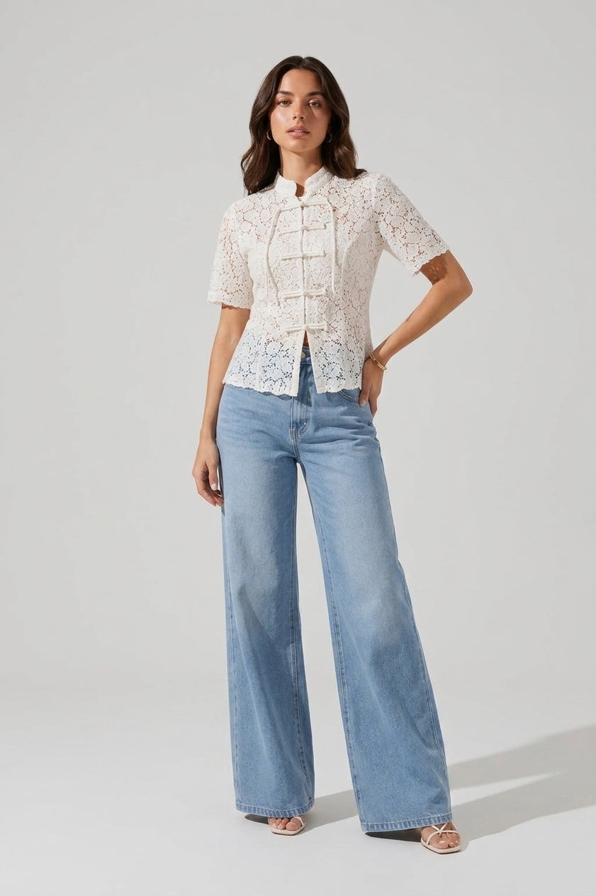 Mandarin Collar Lace Top - White