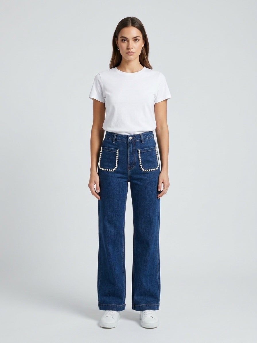 Pearl Embellished Wide-Leg Jeans - Dark Blue