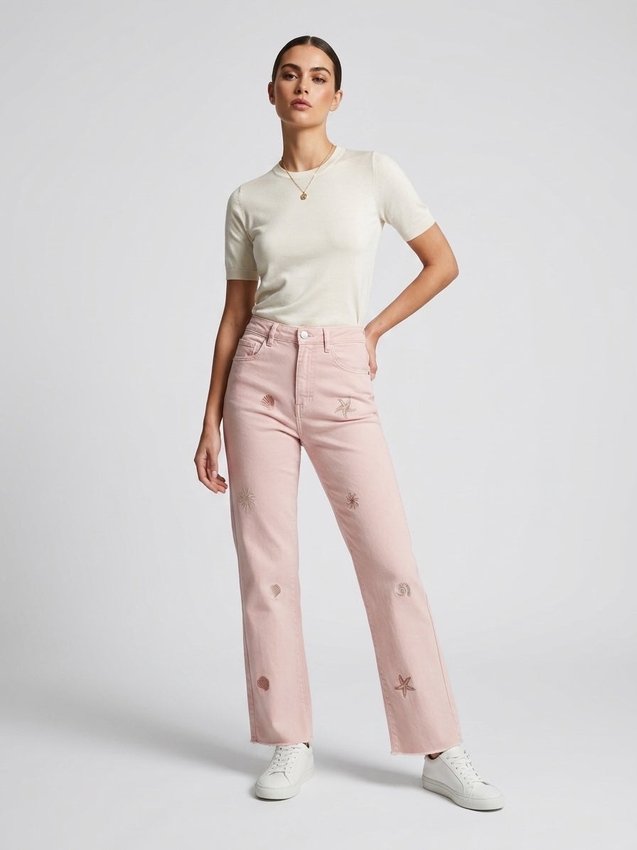 Embroidered Straight Leg Jeans - Pink