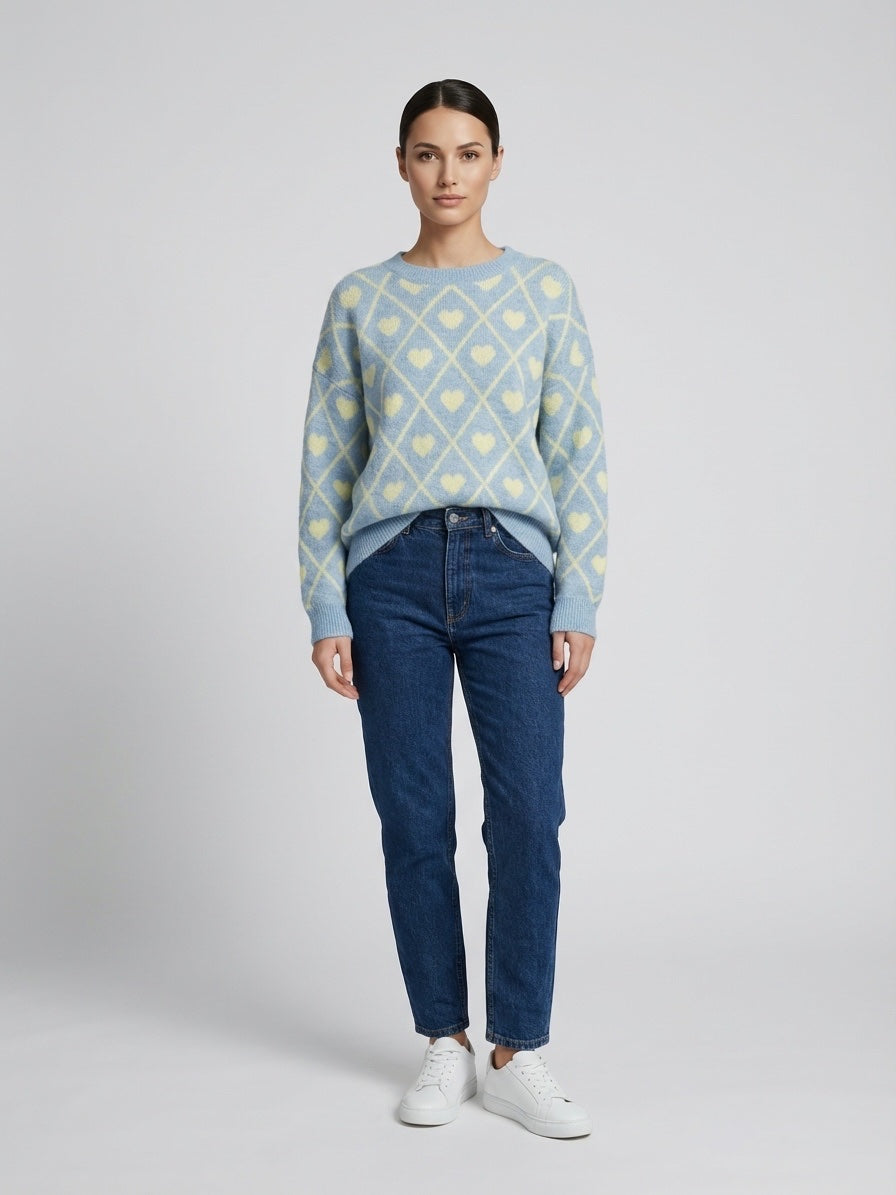 Argyle Heart Knit Jumper - Baby Blue