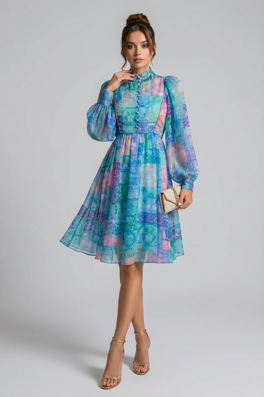Chiffon Puff Sleeve Midi Dress - Blue