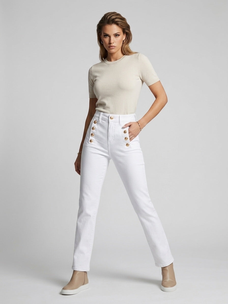 High Waist Button Fly Straight Leg Jeans - White