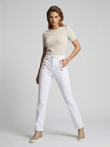 High Waist Button Fly Straight Leg Jeans - White