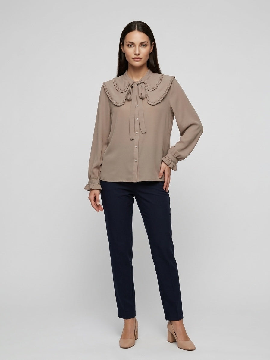Ruffled Collar Tie-Neck Blouse - Tan