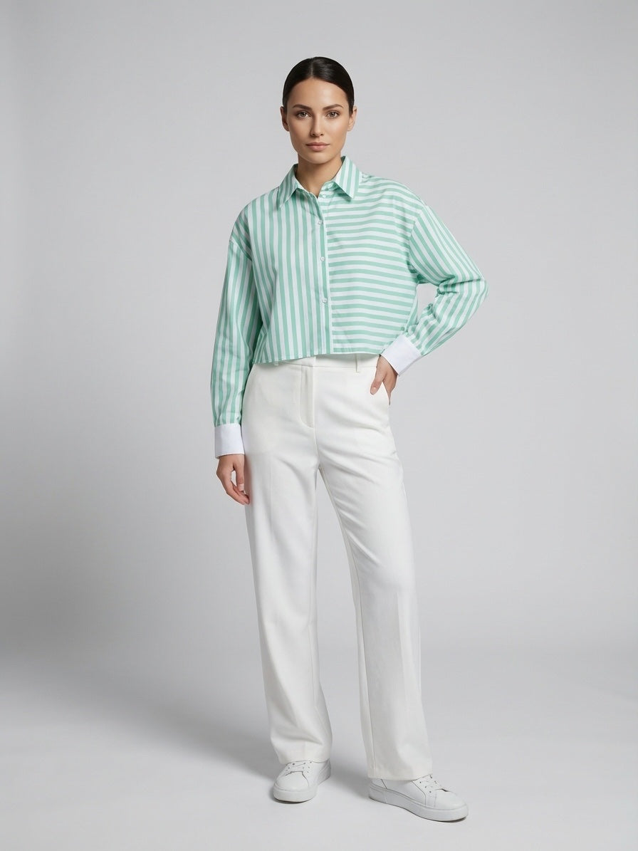 Striped Cropped Shirt - Aquamarine