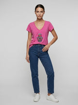 Graphic V-Neck Cotton Tee - Deep Pink
