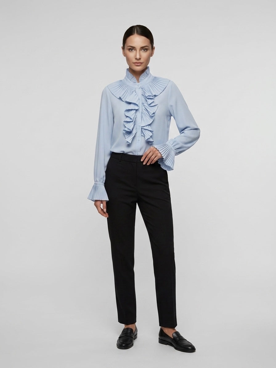 Pleated Ruffle Front Blouse - Baby Blue