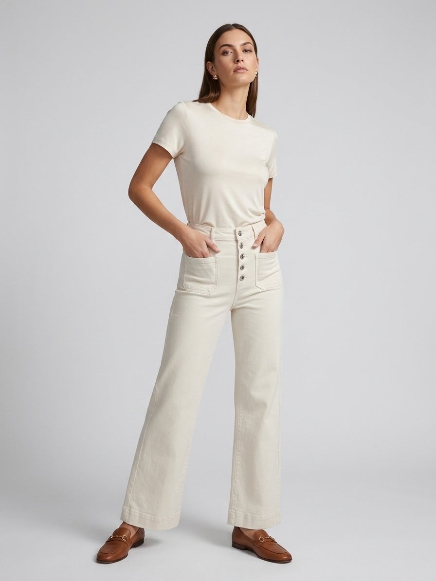 High-Waist Wide-Leg Button-Front Trousers - Beige