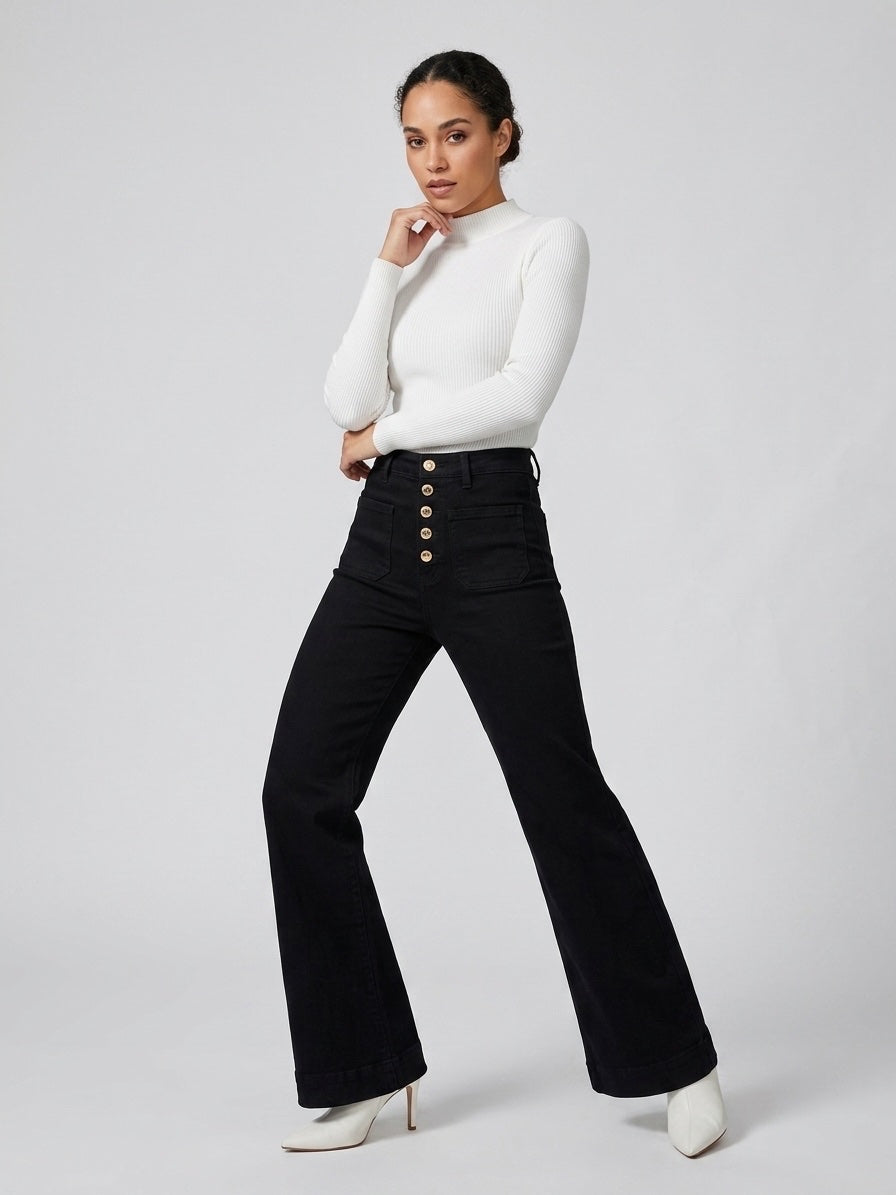 High-Waist Wide-Leg Button-Front Trousers - Black