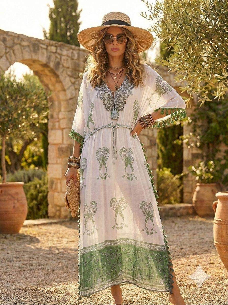 Embroidered Maxi Dress with Tassel Trim - Green