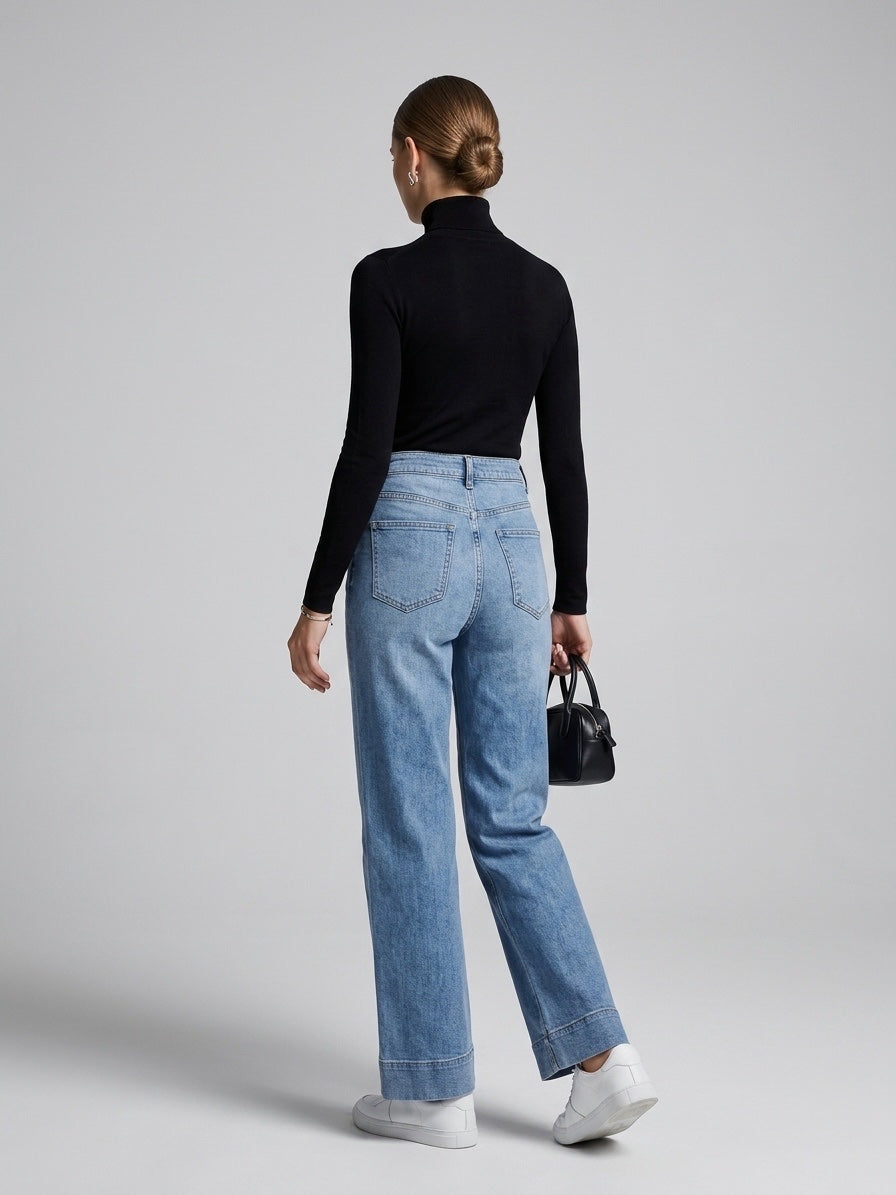 High Waist Button Front Wide Leg Jeans - Denim (2)