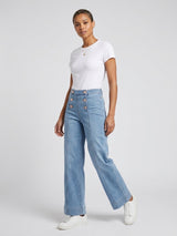 High Waist Button Front Wide Leg Jeans - Denim