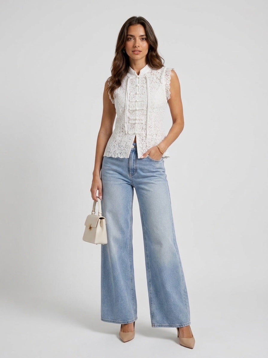 Lace Mandarin Collar Top - White