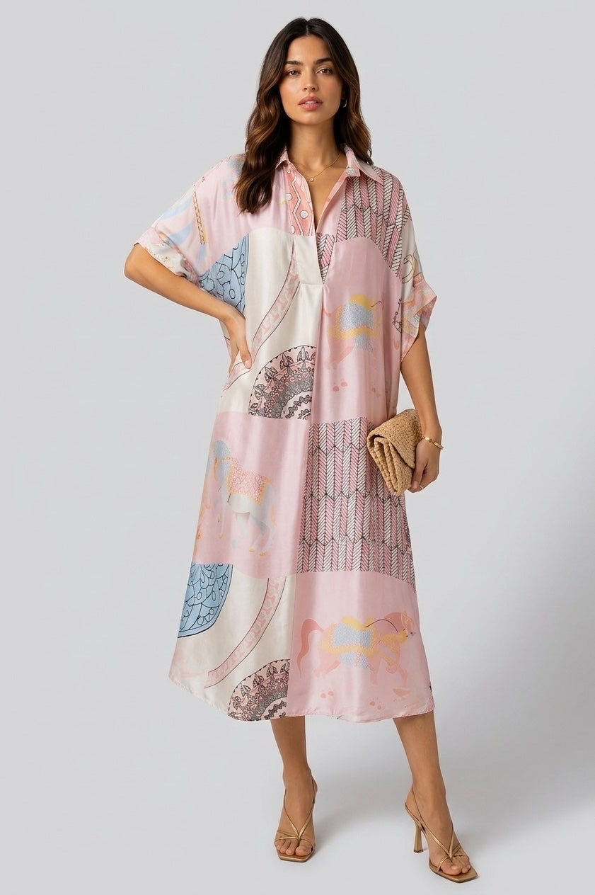 Printed Midi Shirt Dress - Baby Pink