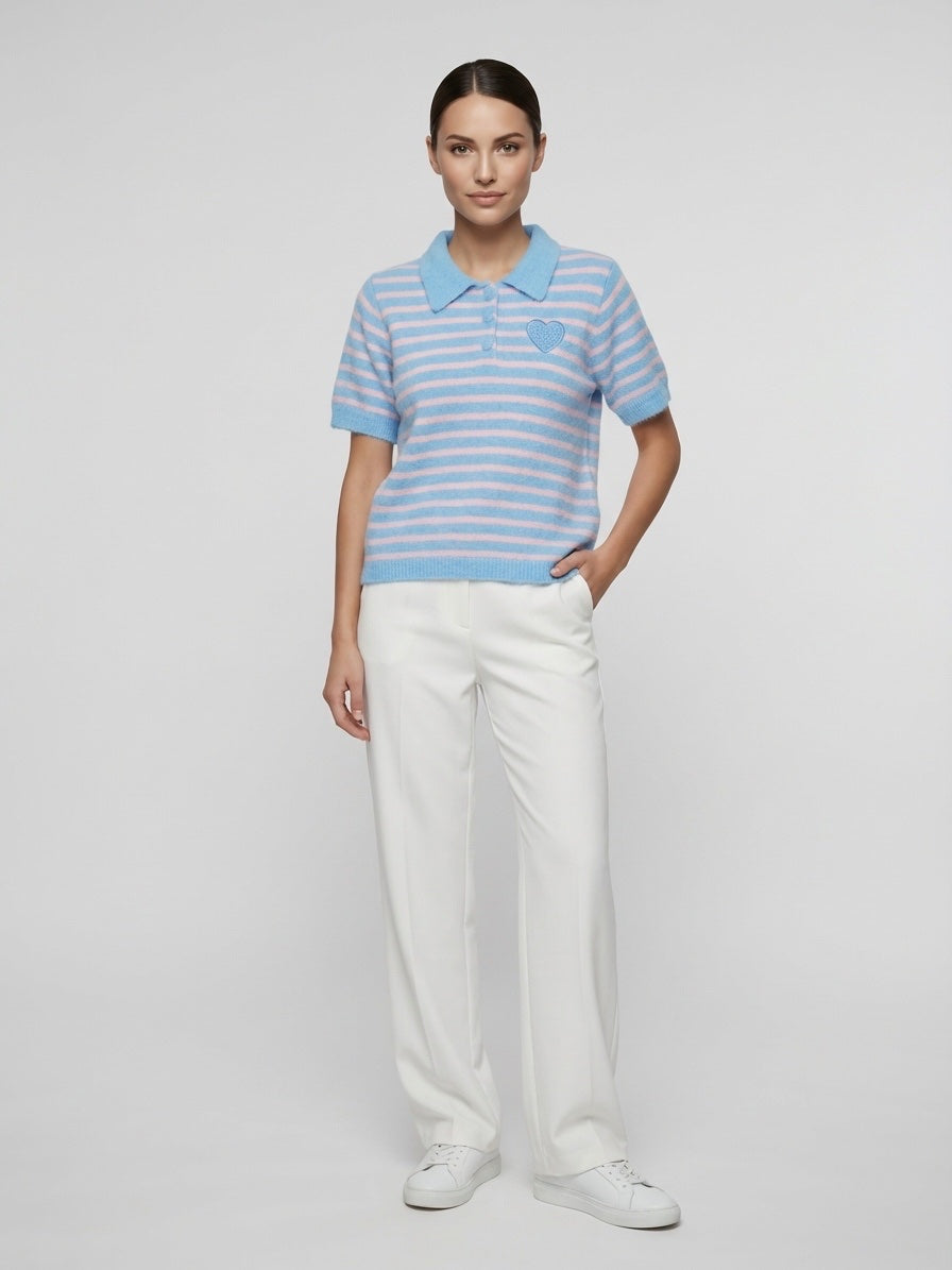 Striped Knit Polo Shirt with Heart Detail - Baby Blue