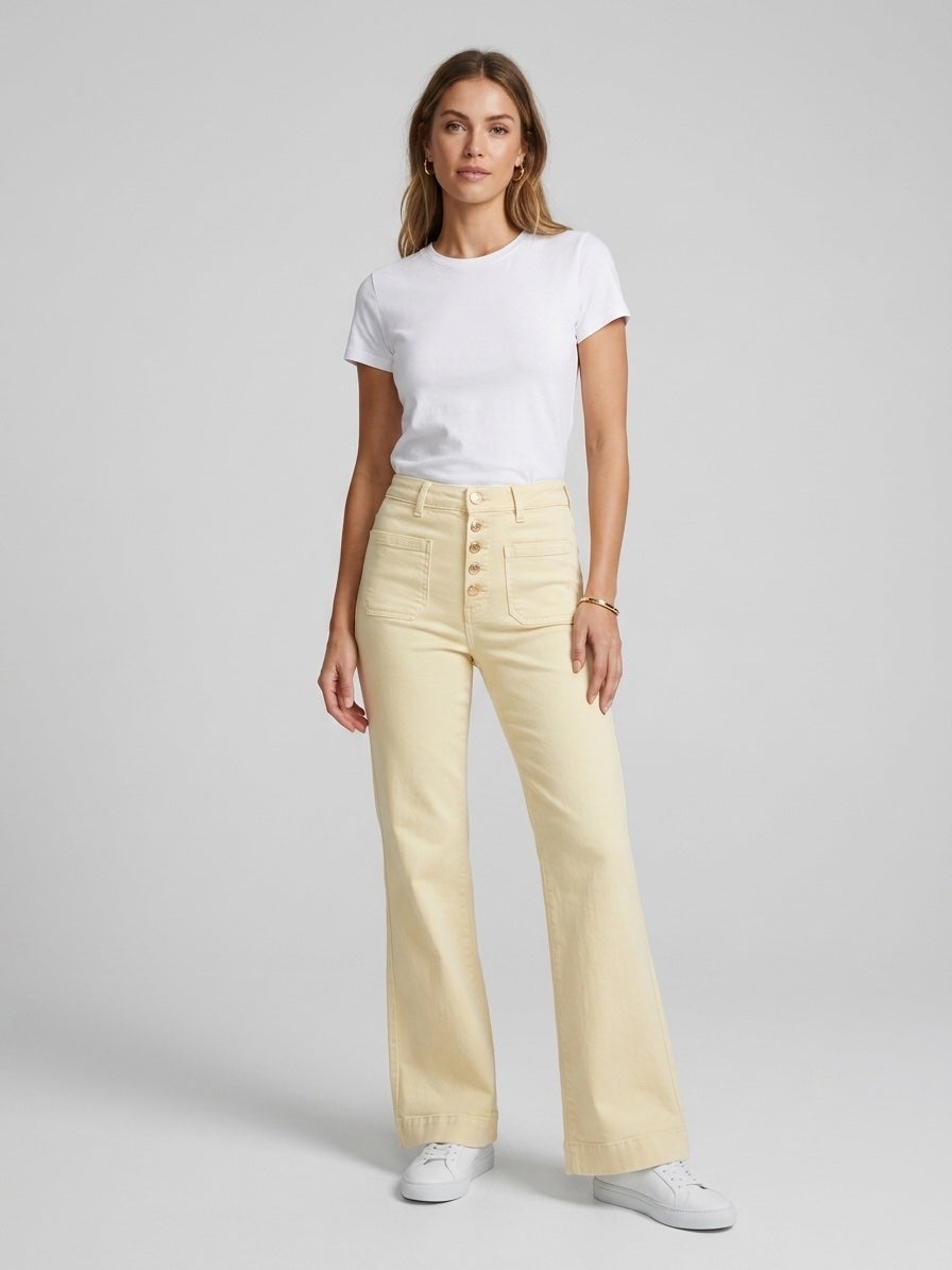 High-Waist Wide-Leg Button-Front Trousers - Butter