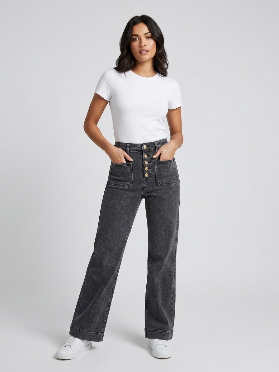 High Waisted Wide Leg Jeans - Charcoal