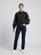 Embroidered Cotton Blouse with Ruffled Neckline - Black