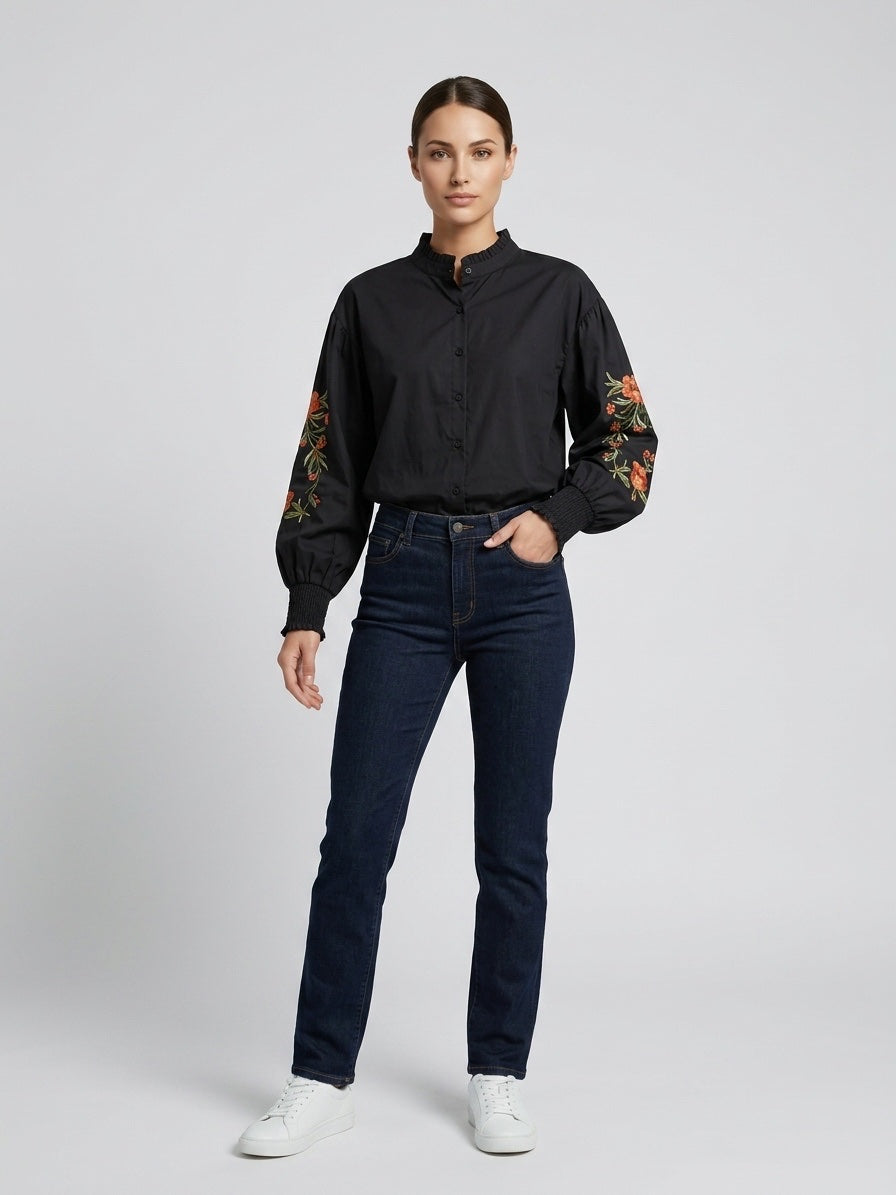 Embroidered Cotton Blouse with Ruffled Neckline - Black