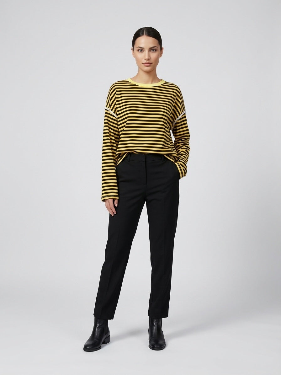 Striped Long Sleeve Top & Tailored Trousers - Canary