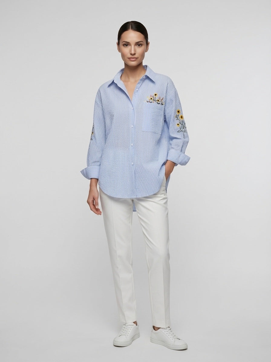 Embroidered Striped Seersucker Shirt - Cornflower Blue
