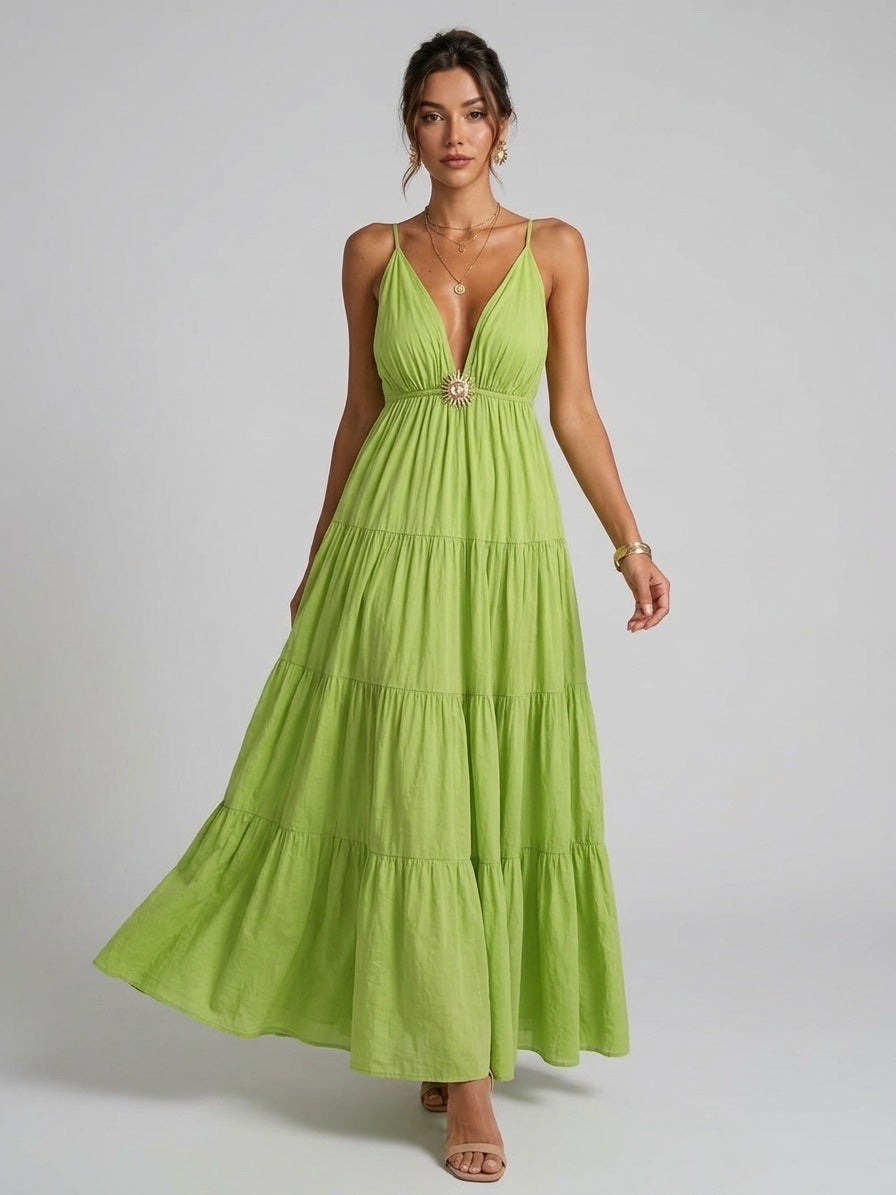 Tiered Maxi Dress with Sun Detail - Avocado