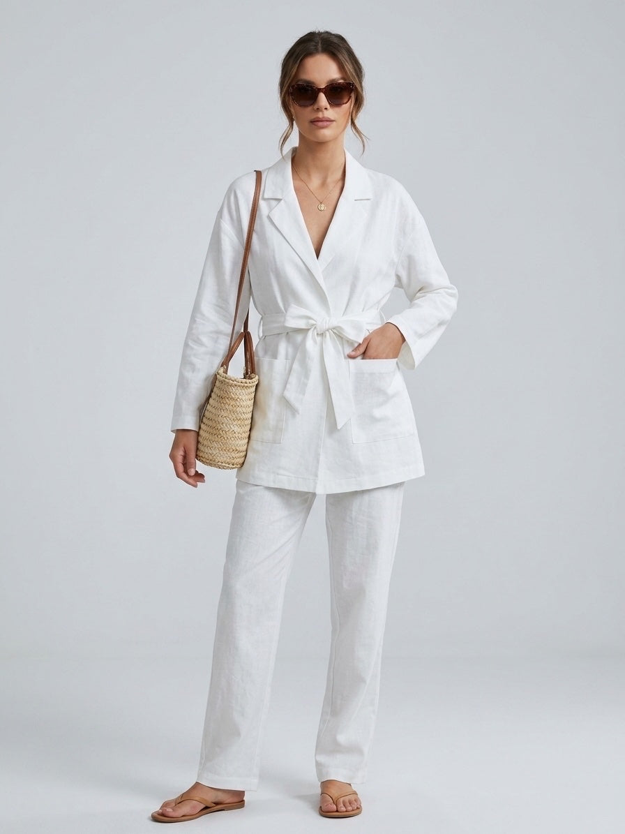 Linen Blend Tie Waist Blazer - Ghost White