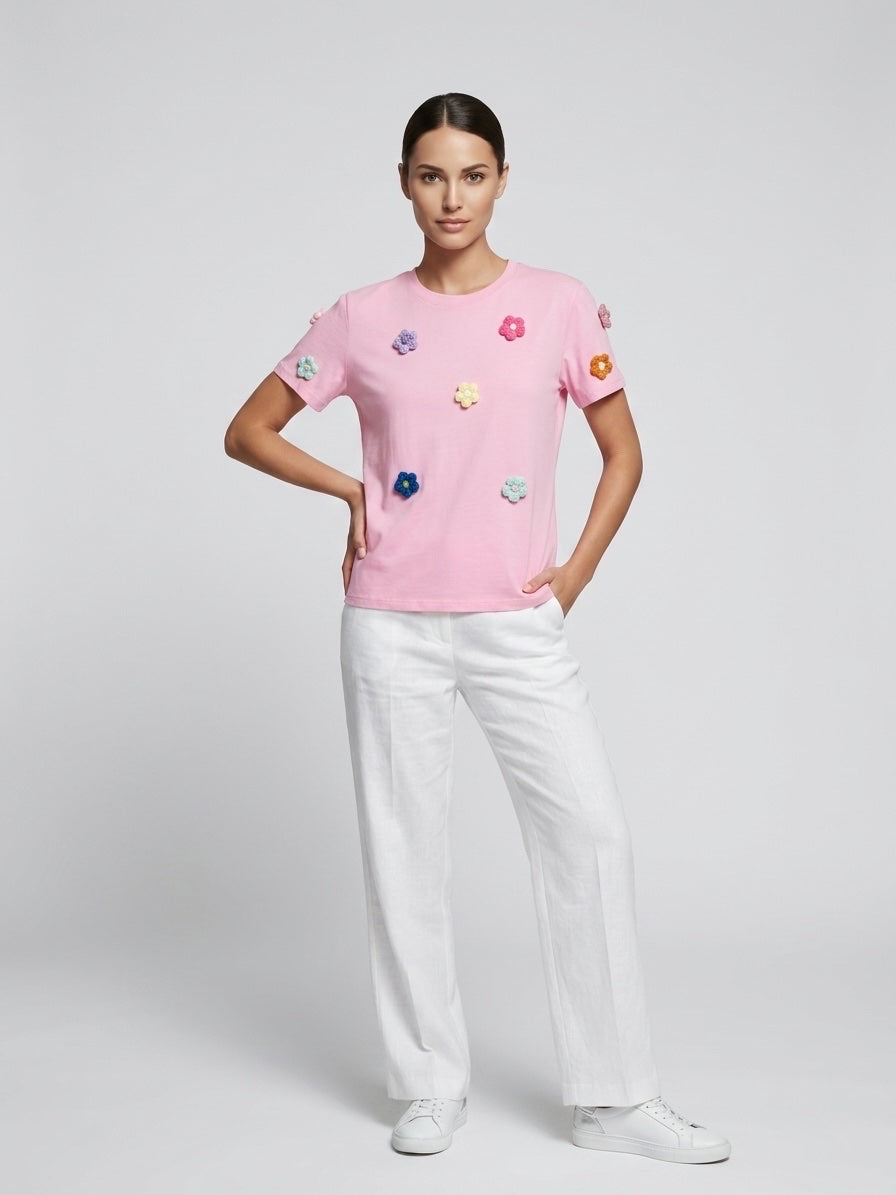 Embellished Floral T-Shirt - Baby Pink