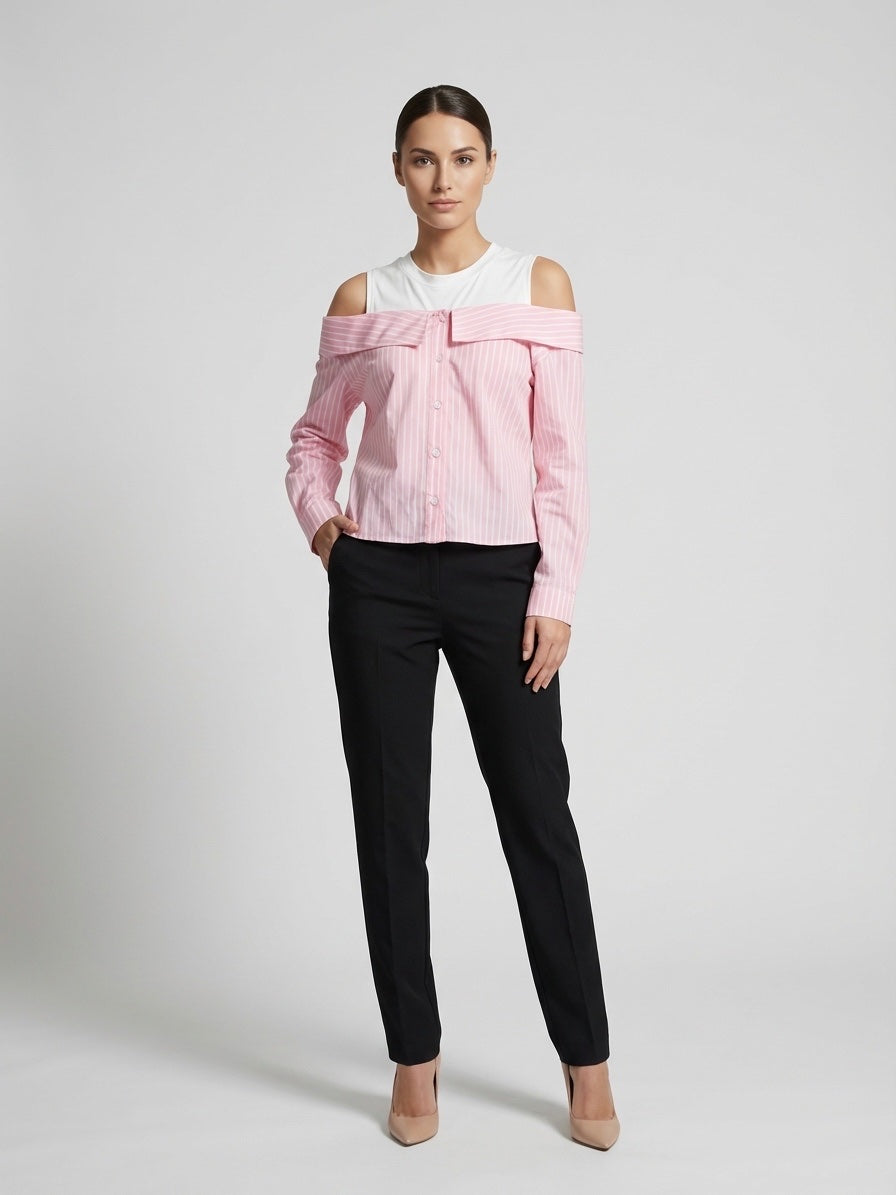 Pinstripe Off-Shoulder Shirt - Light Pink