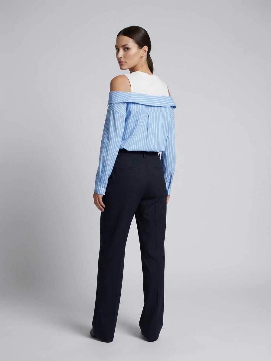 Pinstripe Off-Shoulder Shirt - Deep Sky Blue (2)