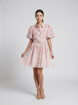 Floral Puff Sleeve Shirt Dress - Pastel Pink