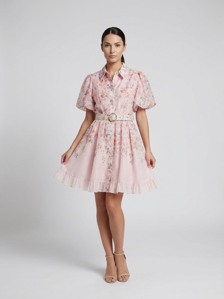 Floral Puff Sleeve Shirt Dress - Pastel Pink