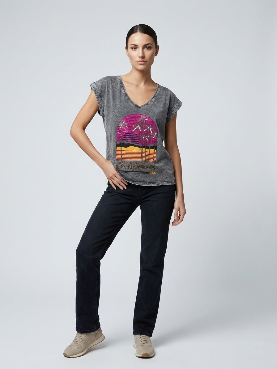 Graphic V-Neck Tee - Dim Gray